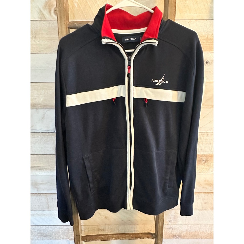 Nautica Mens Full Zip Track Jacket Navy Blue White Stripe Red Trim Size M